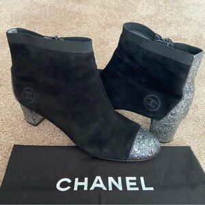 Chanel Black Suede Ankle Boots Booties with Glitters Heels and Toes